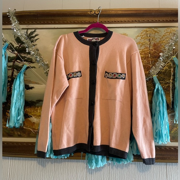 💛Vintage Merino Wool Beaded Cardigan with Pockets. Size M - Picture 1 of 5